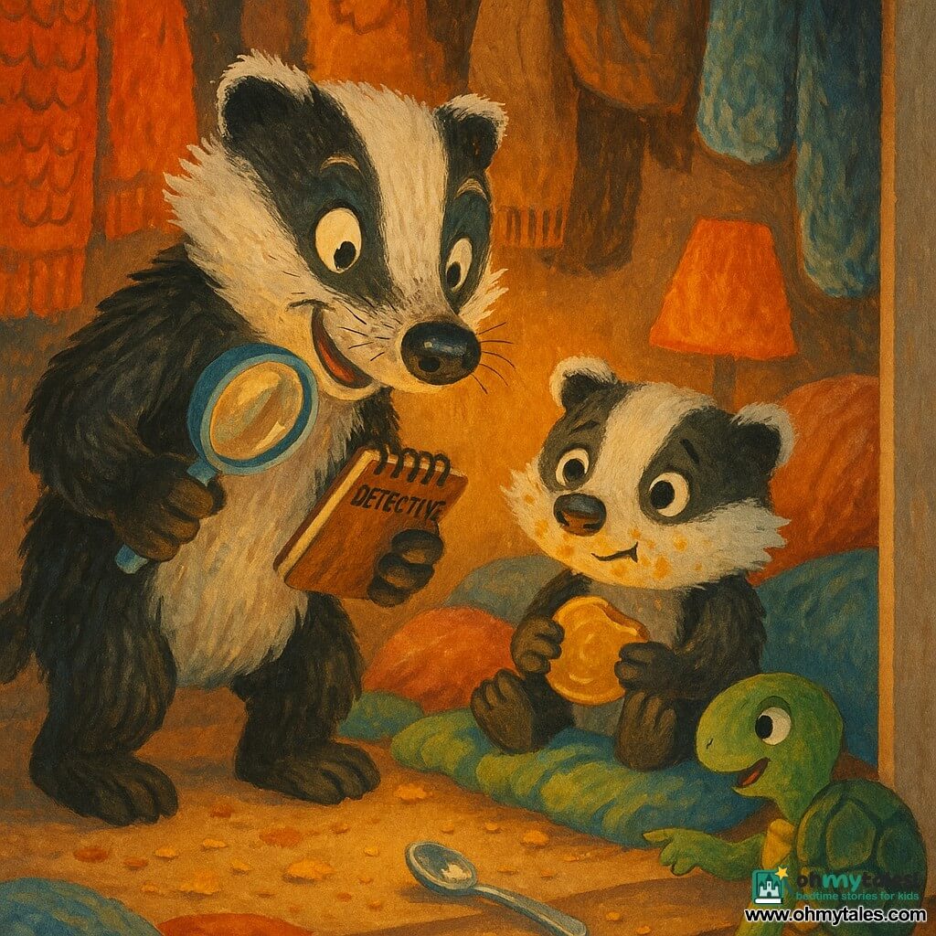 Benny the badger (main) stands half‑bent, radiant and focused, bright eyes and messy whiskers, textured black-and-white fur, holding a shiny magnifying glass in one paw and a detective notebook in the other; Bella the little sister sits on a pile of colorful coats, honey-sticky cheeks, guilty but shy, holding a half pancake; Tilly the turtle kneels by the door, green patterned shell, curious smile, pointing at a small shiny spoon on the floor; the scene is a closet turned cozy fort with thick wool and fur coats, crushed cushions, a warm lamp casting soft orange light, and crumbs and honey traces on the fabric; the main moment is the tender, funny discovery of the pancake theft, in a warm close-up with warm contrasting colors, visible gouache brushstrokes and paper textures.