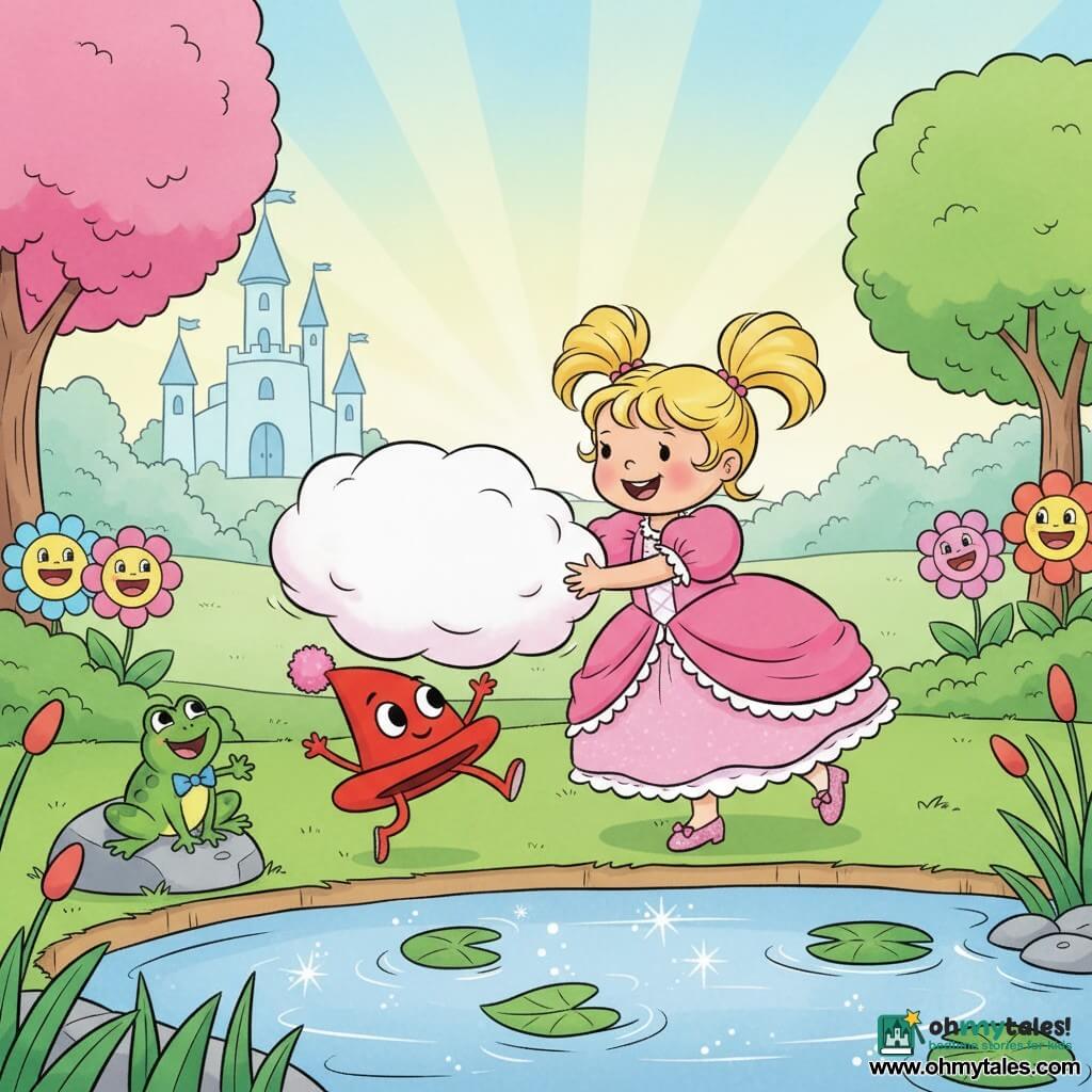A smiling little princess with blonde pigtails in a ruffled pink dress and shiny slippers reaches to tickle a fluffy cloud over a sparkling pond; a red pompom hat with big round eyes bounces on the grass beside her; a small joyful green frog with a blue bow tie laughs on a nearby stone; a white cloud with pink-edged fluff floats low above the pond, with a pale blue castle, round colorful trees, a mirror-like pond, big smiling flowers and a pastel sky with soft sunbeams—calm, colorful scene with rounded motion, exaggerated smiling expressions, bright contrasting colors and thick black outlines like 1990s cartoons.