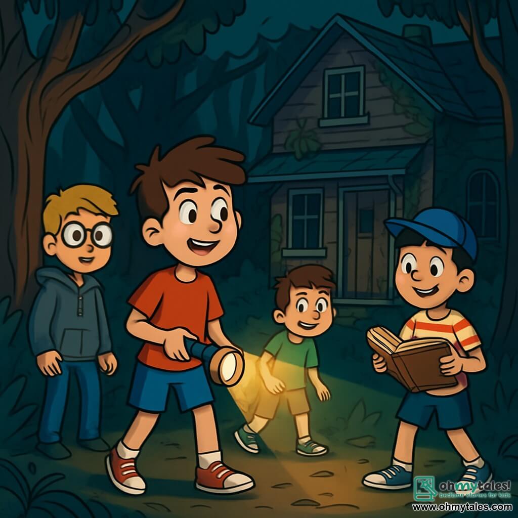 There are 4 children: Max, a 12-year-old boy with messy brown hair and sparkling curious eyes, wearing a red t-shirt and blue shorts, holding a flashlight that lights the path ahead; Leo, an 11-year-old boy with blonde hair and round glasses, looking a bit nervous in a gray hoodie and jeans, standing close to Max and looking around with a worried expression; Ben, a small and quick 10-year-old boy with brown hair and a mischievous smile, wearing a green t-shirt and worn sneakers, slightly back, observing the house with fascination; and Oliver, an 11-year-old boy with black hair and a blue cap, curious and enthusiastic, dressed in a striped t-shirt and shorts, rummaging through an old book he found in the house. The main setting is an old abandoned house in the heart of the Whispering Woods, surrounded by majestic trees with gnarled trunks and dark leaves, creating a mysterious atmosphere. The dusty, cracked windows and the softly creaking wooden door seem to whisper forgotten secrets, while vines climb the walls and shadows dance around, adding a touch of eeriness to the environment. The main situation shows the children discovering the abandoned house, their faces illuminated by Max's flashlight, fascinated and a bit scared, standing together, ready to explore the hidden secrets inside.