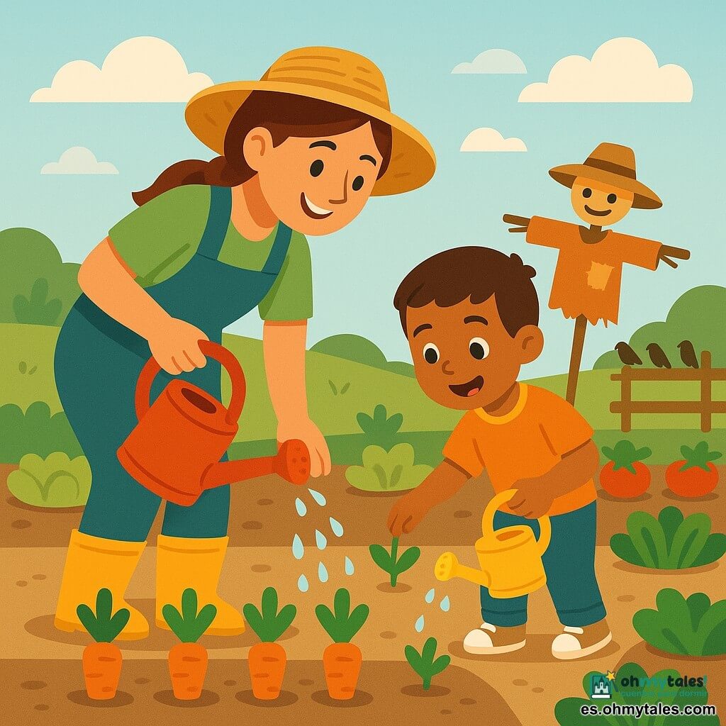 Una mujer agricultora sonriente y amable, cabello castaño en trenza, con sombrero de paja ancho, blusa verde y botas de goma, se inclina para regar una fila de zanahorias con una regadera roja; un niño de 6 años, cabello corto castaño, rostro curioso y alegre, sostiene una pequeña regadera amarilla y, junto a ella, imita el gesto para regar una planta más pequeña; un espantapájaros de paja algo inclinado con sombrero gastado está a unos metros detrás y algunos pájaros posados en una cerca de madera al fondo; lugar: huerto con hileras ordenadas de zanahorias naranjas, lechugas verdes y tomates rojos, suelo marrón claro, suaves colinas verdes al fondo y cielo azul con nubes blancas; situación principal: momento cálido y activo al sol, regando juntos las hortalizas, colores vivos, formas simples, composición clara y centrada, ambiente alegre y sereno.