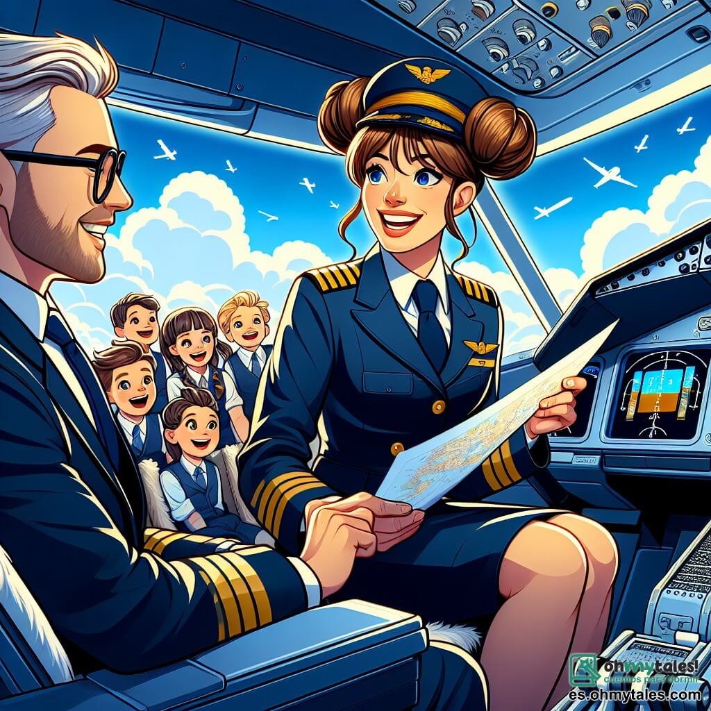 Una piloto de avión, una mujer de unos treinta años, sonriente y llena de determinación, se encuentra en la cabina de pilotaje. Lleva un uniforme azul marino con una corbata amarilla, su cabello castaño recogido en un moño, y mira con entusiasmo a través de la ventanilla, observando las nubes blancas y esponjosas. A su lado, su copiloto, un hombre de unos treinta años con gafas y barba bien cuidada, consulta mapas de vuelo, mostrando una expresión concentrada y amigable. El decorado es el de una cabina de avión moderna, con instrumentos de vuelo coloridos y pantallas luminosas que parpadean. Fuera, un cielo azul brillante se extiende hasta donde alcanza la vista, salpicado de nubes. La situación principal muestra a la piloto compartiendo historias emocionantes con niños sentados detrás de ella, cuyos rostros están iluminados por la emoción mientras descubren el mundo desde el aire.