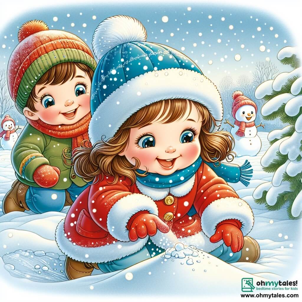 A one-year-old girl with a big joyful smile is wearing a bright red coat and a blue hat. She is touching the snow, her little hands sinking into the fluffy white, her cheeks rosy with happiness. Next to her, her friend Ben, a one-year-old boy with messy brown hair and a green hat, laughs as he slides on the ice. He is slightly behind, watching Lily with sparkling eyes of excitement. The scene takes place in a snowy schoolyard, surrounded by trees laden with snow, with flakes gently falling from the light blue sky. Lily and Ben are discovering the magic of winter, playing together in the snow, making snowmen, and admiring the falling flakes, filled with joy and wonder.