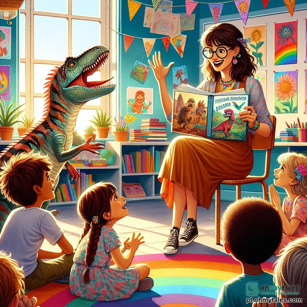 A cena mostra a professora Clara, uma mulher jovem com cabelos castanhos e óculos redondos, sorridente e cheia de alegria, sentada em um tapete colorido em uma sala de aula iluminada. Ela segura um livro ilustrado de dinossauros, cativando a atenção de seus alunos. Ao lado dela, Pipo, um garoto de 8 anos com cabelos bagunçados e uma camiseta azul, levanta a mão com entusiasmo, seu rosto iluminado pela excitação. Sara, uma menina de 7 anos com tranças e um vestido florido, está sentada de pernas cruzadas, ouvindo atentamente, os olhos brilhando de imaginação. A sala de aula é decorada com desenhos coloridos nas paredes, prateleiras cheias de livros com capas vibrantes e um quadro negro brilhante. Raios de sol filtram pelas janelas, iluminando o espaço. A situação principal mostra Clara contando uma história empolgante, enquanto as crianças, fascinadas, se deixam levar pela aventura, com rostos expressando curiosidade e deslumbramento.