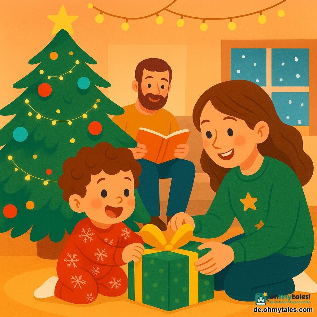 Ein kleiner Junge von 2 Jahren mit lockigem Haar und roten Wangen lächelt erstaunt, als er einen großen Weihnachtsbaum entdeckt. Er trägt einen hübschen roten Overall mit Schneeflockenmuster und weiße Socken. Neben ihm kniet seine Mutter, eine Frau in ihren Dreißigern mit braunen Haaren und funkelnden Augen, um ihm beim Auspacken eines Geschenks zu helfen. Sie trägt einen grünen Wollpullover mit goldenen Sternen. Im Hintergrund liest ein Vater, ein Mann in seinen Dreißigern mit weichem Bart und warmem Lächeln, ein Buch auf dem Sofa, umgeben von funkelnden Lichtern. Die Szene spielt in einem gemütlichen Wohnzimmer, geschmückt mit Lichterketten und bunten Kugeln am Baum. Draußen fallen sanft Schneeflocken durch das Fenster und schaffen eine magische Atmosphäre. Der kleine Junge packt ein Geschenk aus, sein Gesicht strahlt vor Freude und Aufregung, während der Baum in voller Pracht leuchtet und die Weihnachtsmagie verstärkt.