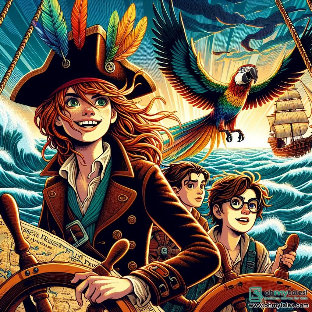 A young woman, Captain Isla, stands proudly at the helm of her ship, The Sea Sparrow. She has long red hair blowing in the wind, sparkling eyes full of excitement, and a determined smile. She wears a pirate hat adorned with a colorful feather and a worn leather jacket, scanning the horizon with a fearless expression. Beside her, Finn, a 12-year-old boy with round glasses and messy brown hair, holds an old map, his brow furrowed in concentration. Mae, a sturdy 11-year-old girl with braided blonde hair, adjusts the sails, showing a determined look on her face. Pip, a parrot with vibrant green and blue feathers, perches on Isla's shoulder, playfully repeating riddles. The ship sails through tumultuous waters, surrounded by raging waves and threatening dark clouds. In the background, another ship with black sails, Captain Blacktooth's, looms, ready to challenge them. The scene depicts Captain Isla and her crew preparing to face their rival, determined to continue their quest for the legendary treasure of the Whispering Isles, with flashes of light and splashes of water adding to the adventure's intensity.