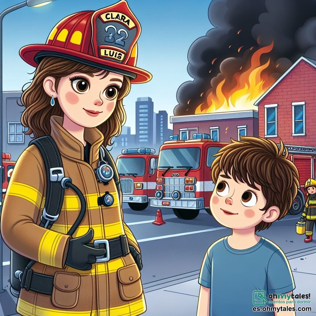 Clara, una valiente mujer bombera, lleva un casco rojo brillante y un traje de bombero amarillo. Su rostro es decidido, pero se puede ver una chispa de bondad en sus ojos. Está hablando con un niño, Luis, de unos 8 años, con cabello castaño desordenado y una camiseta azul. Luis, con los ojos muy abiertos de admiración, mira a Clara con una sonrisa maravillada, de pie junto a ella en la acera. El lugar está frente a un edificio de ladrillos rojos, parte del cual está envuelto en humo negro y llamas naranjas. Camiones de bomberos brillantes están estacionados cerca, con bomberos trabajando alrededor, mientras el cielo tiene tonos de azul y gris. La situación principal muestra a Clara explicando a Luis la importancia del trabajo en equipo como bombero, mientras observan juntos el fuego que sus colegas están controlando.