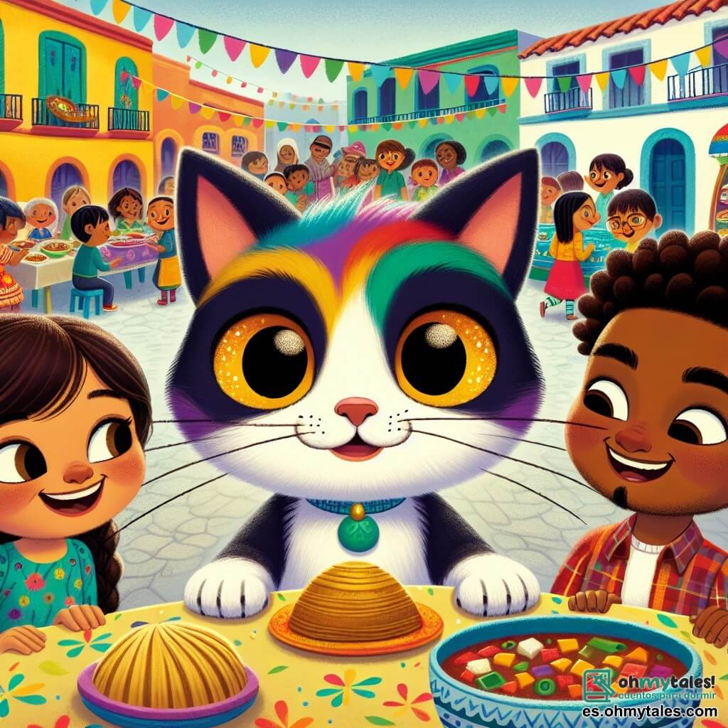 Un gato colorido llamado Oliver, con un pelaje multicolor y ojos brillantes de curiosidad, está en el centro de la escena, ronroneando de felicidad mientras observa una fiesta en la plaza. A su derecha, un niño llamado Jorge, de origen latinoamericano, con cabello castaño y ojos chispeantes, sonríe sosteniendo un tamal en su mano, listo para compartir su cultura. A su izquierda, Amina, una niña de origen norteafricano con cabello rizado y un vestido colorido, ríe alegremente sosteniendo un plato de harira, invitando a los demás a probarlo. La escena transcurre en una pequeña plaza animada, rodeada de edificios coloridos y mesas decoradas con manteles vivos, donde familias de diferentes orígenes comparten platos tradicionales, creando una atmósfera cálida y festiva. La situación principal muestra a Oliver, el gato, en medio de una fiesta de barrio, donde niños y adultos intercambian sonrisas y platos típicos, celebrando la diversidad y la amistad en un ambiente alegre.
