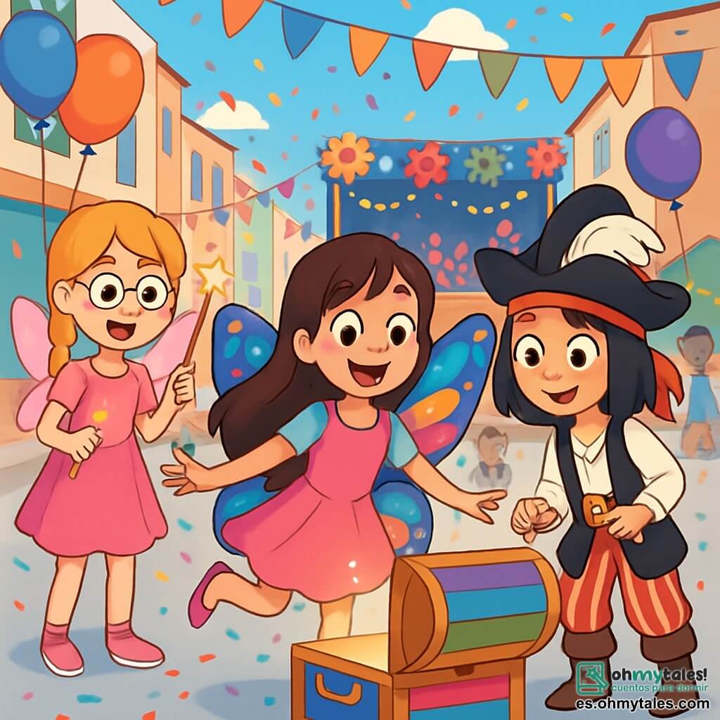 Hay 3 personajes: - Lucía: una niña de 11 años, con largos cabellos castaños y ojos brillantes. Lleva un disfraz de mariposa con alas multicolores que brillan bajo el sol. Baila alegremente en el centro de la imagen. - Marta: una niña de 11 años, con trenzas rubias y gafas redondas. Está disfrazada de hada, con un vestido rosa y alas brillantes. Sostiene una varita mágica y sonríe, un poco detrás de Lucía. - Sofía: una niña de 11 años, con cabello negro y un pañuelo rojo. Viste de pirata, con un sombrero de plumas y pantalones rayados. Se encuentra a la derecha de Lucía, sosteniendo una pequeña llave dorada en la mano, con expresión intrigada. El lugar es una calle animada de la ciudad de Arcoíris, decorada con banderines de colores y globos flotantes. Niños ríen y bailan alrededor de un gran escenario adornado con flores de papel y luces brillantes. El cielo es azul, y confeti vuela en el aire, añadiendo a la atmósfera festiva. La situación principal muestra a las tres amigas descubriendo una caja colorida escondida detrás de un tambor gigante. Están asombradas, con expresiones de sorpresa y alegría en sus rostros, listas para abrir juntas el tesoro del carnaval.