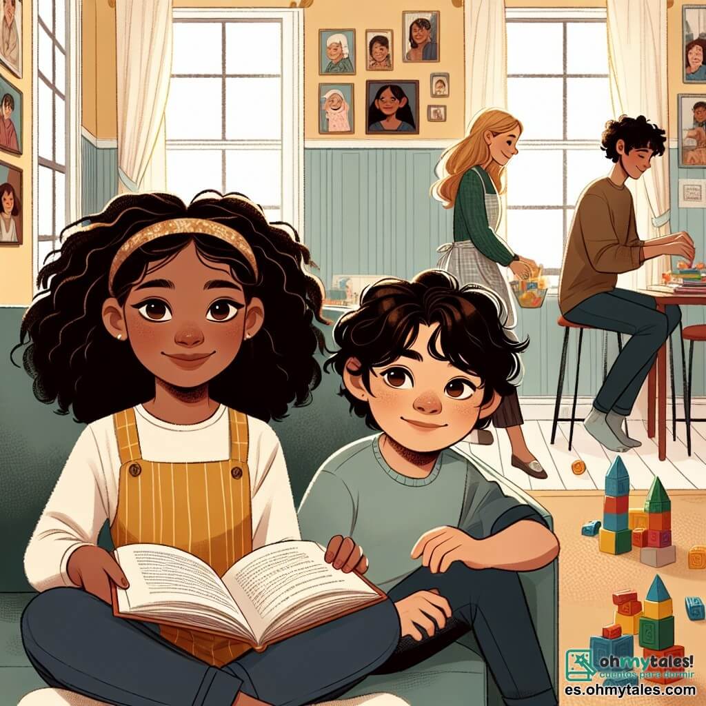 Una niña de 11 años, Ana, con cabello rizado y castaño, y ojos llenos de curiosidad, está sentada en un sofá cómodo, sonriendo suavemente mientras sostiene un libro abierto en sus piernas. A su lado, su hermano pequeño Lucas, de 6 años, con cabello rubio alborotado y una mirada inocente, construye una torre de bloques de colores, con juguetes esparcidos a su alrededor. Su mamá, de unos treinta años, con cabello largo y liso y un delantal, está en la cocina abierta sonriendo mientras los observa, mientras que su papá, de unos cuarenta años, con una barba ligera y un aire pensativo, está sentado en la mesa hojeando documentos. La habitación es cálida y acogedora, con paredes pintadas de amarillo pastel, fotos familiares colgadas y una luz suave filtrándose a través de las cortinas. La situación principal muestra a Ana compartiendo sus reflexiones sobre la comunicación familiar, creando un momento de conexión y comprensión entre todos los miembros de la familia.