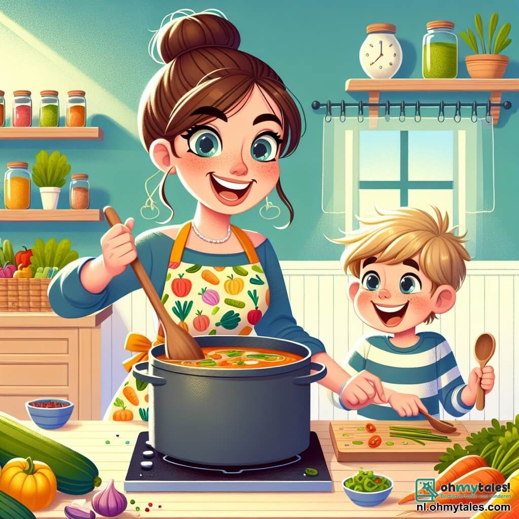 Een glimlachende en blije vrouwelijke chef-kok, Emma, staat in het midden van de keuken. Ze heeft bruin haar in een knot en draagt een kleurr apron met groentepatronen. Ze roert in een grote pan soep, met sprankelende ogen van opwinding. Naast haar kijkt een jongetje genaamd Sam, ongeveer 7 jaar oud, met rommelig blond haar en een gestreept t-shirt, verwonderd toe. Hij houdt een houten lepel vast en lijkt ongeduldig om de soep te proeven. 

De keuken is ruim en licht, met pastelgele muren, planken vol kleurrijke kruidenpotten en verse groenten op het houten aanrecht. Grote ramen laten zonlicht binnen, wat de warme sfeer verlicht.

De belangrijkste situatie toont Emma en Sam die samen een heerlijke soep bereiden, omringd door kleurrijke groenten, wat een vrolijke en vriendelijke sfeer creëert, waarin de magie van de keuken tot leven komt.