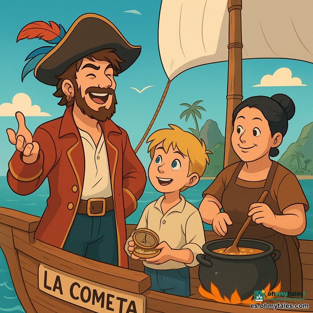 Un pirata llamado Martín se encuentra orgullosamente en la cubierta de su barco, La Cometa. Tiene el cabello castaño desordenado, una barba bien cuidada y lleva un sombrero de pirata adornado con una pluma colorida. Su rostro expresa determinación y emoción, y sus ojos brillan con un destello de aventura. A su lado, un niño llamado Timo, de unos 10 años, con cabello rubio y ojos chispeantes, mira con asombro. Lleva una camisa de lienzo y pantalones desgastados, sosteniendo un pequeño compás en sus manos. Más lejos, la cocinera Violeta, una mujer de unos cuarenta años con el cabello negro recogido, prepara una sopa en una gran olla, con una cálida sonrisa en su rostro. El escenario es un mar tranquilo bajo un cielo azul, con velas blancas infladas por una ligera brisa. En el fondo, se perfila una isla misteriosa, rodeada de rocas y palmeras, mientras aves vuelan sobre ellos. La escena principal muestra a Martín cantando una melodía animada, mientras el barco navega por el agua, listo para enfrentar nuevas aventuras.