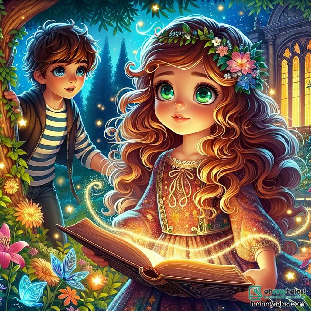 Al centro dell'immagine, Lila, una giovane strega di otto anni, è in piedi nel suo giardino segreto. Ha lunghi capelli ricci e occhi verdi brillanti, pieni di meraviglia e determinazione. Indossa un vestito colorato decorato con stelle scintillanti e tiene un libro antico aperto tra le mani, circondata da una dolce luce magica che illumina il suo viso. Accanto a lei, Tommaso, un ragazzo di nove anni con capelli castani e occhi pieni di curiosità, osserva con fascinazione. Indossa una camicia a righe e pantaloni di jeans, e si è piegato in avanti, pronto ad aiutarla nelle sue avventure magiche. Il giardino segreto è un luogo incantevole, pieno di fiori colorati che danzano al ritmo del vento, grandi alberi con foglie dorate e lucciole che brillano nell'oscurità. Sullo sfondo, una vecchia biblioteca in pietra, coperta di edera, aggiunge un tocco di mistero all'ambiente. La scena principale mostra Lila e Tommaso mentre recitano un'incantesimo magico, i loro volti illuminati da una luce splendente che emana dal libro. Stelle e scintille di magia fluttuano attorno a loro, creando un'atmosfera di mistero e avventura, mentre si preparano ad affrontare le sfide della stregoneria.