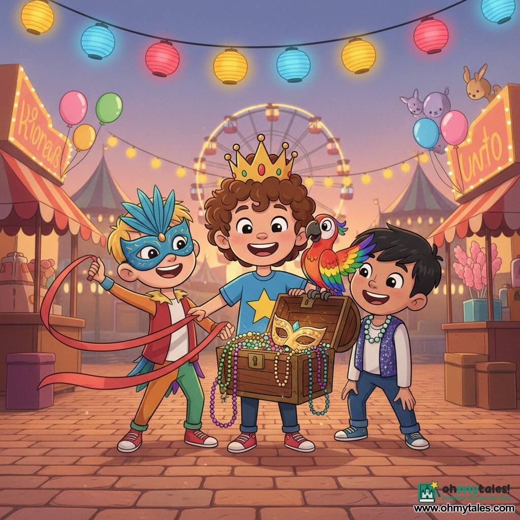 Three boys—Max (5), curly brown hair, blue T‑shirt with a yellow star and a gold crown, holding an open wooden chest at the center; Leo (6), short blond hair, wearing a blue feathered mask and colorful costume, to Max’s left waving a long floating red ribbon; and Sam (5), black hair, wearing a shiny beaded necklace and glittery vest, to Max’s right leaning in smiling—stand on a sunlit carnival square at dusk with multicolored lantern garlands, a lit Ferris wheel, pink cotton candy stalls and animal balloons; the chest overflows with masks, beads and shimmering ribbons, a rainbow‑winged parrot perches on Max’s shoulder, and the scene is joyful, colorful and softly lit.