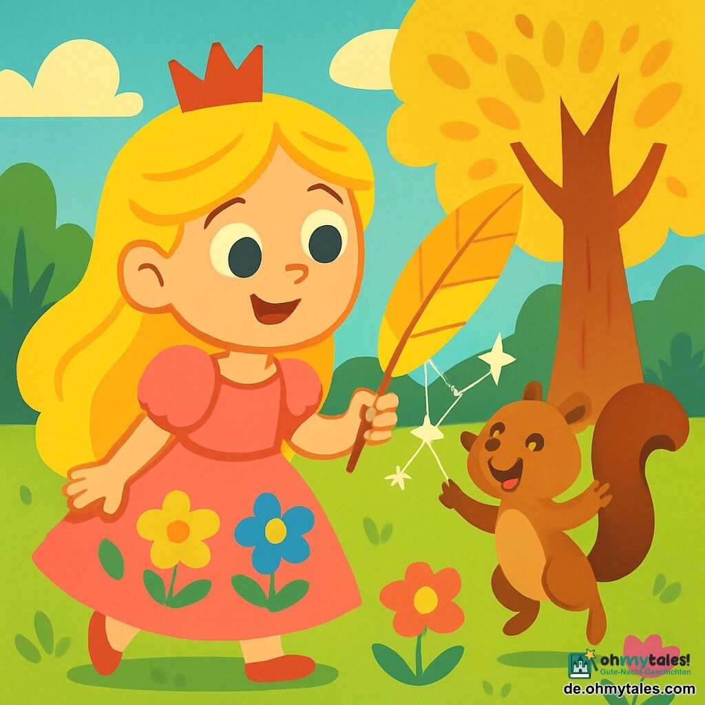 Eine Prinzessin namens Mira, etwa 8 Jahre alt, mit langen, glänzenden, goldenen Haaren, trägt ein rosa Kleid, das mit bunten Blumen verziert ist. Sie hat ein fröhliches Lächeln und funkelnde Augen voller Entschlossenheit und hält eine schöne goldene Feder in ihrer Hand. Neben ihr springt ein kleiner Eichhörnchen namens Pino, mit braunem Fell und lebhaften Augen, vor Freude, seine kleinen Pfoten erhoben, und drückt seine Dankbarkeit aus. Die Szene spielt in einer verzauberten Lichtung, wo bunte Blumen im Wind tanzen und Sonnenstrahlen durch majestätische Bäume filtern, was ein Spiel von Schatten und Licht erzeugt. Im Hintergrund steht ein großer Baum mit goldenen Blättern, der der Umgebung einen magischen Touch verleiht. Mira benutzt die goldene Feder, um Pino von einem schimmernden Spinnennetz zu befreien, was einen Moment des Mutes und der Freundschaft zeigt.