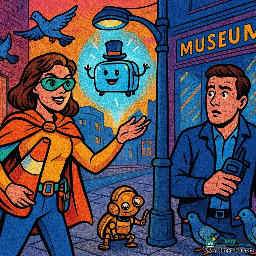 A determined, slightly amused young woman (about 25) wears an orange cape fastened with shiny paperclips, mismatched safety goggles (one green, one clear), a tool belt of gadgets, and holds an orange traffic cone under her arm while reaching toward a lamppost; beside her stands a cautious man (about 38) in a dark blue jacket holding a security radio and watching in surprise; at the lamppost base a small polished-brass beetle automaton with silver eyes and articulated legs bows like a mechanical emissary; gray and blue pigeons flutter and perch on wires; the setting is a sophisticated city street at dusk with cobblestones, a metallic lamppost projecting a floating hologram of a dancing toaster wearing a top hat, reflective museum windows and retro posters on the walls; the scene depicts a lighthearted negotiation—the woman uses her cone and tools to calm the holographic lamppost while the man observes and the scarab automaton mediates, rendered in bright colors, strong contrasts, dynamic lines and caricatured expressions.