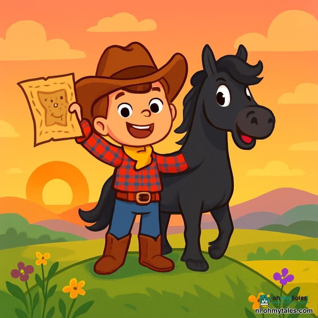 Een jonge cowboy, Sam, staat op een hoge heuvel met een grote glimlach van opwinding op zijn gezicht. Hij draagt een bruine cowboyhoed, een rood-blauwe geruite shirt en versleten leren laarzen. Naast hem staat zijn trouwe paard, Storm, een prachtige zwarte mustang met golvende manen, die ongeduldig en energiek lijkt. Op de achtergrond is de lucht gekleurd in warme tinten oranje en roze terwijl de zon langzaam aan de horizon ondergaat. De prairie strekt zich uit zover het oog reikt, bezaaid met gele en paarse wilde bloemen, en in de verte zijn golvende heuvels te zien. De hoofdsituatie toont Sam die zijn kaart omhoog houdt, trots op zijn ontdekkingen, terwijl Storm naast hem staat, klaar voor nieuwe avonturen.