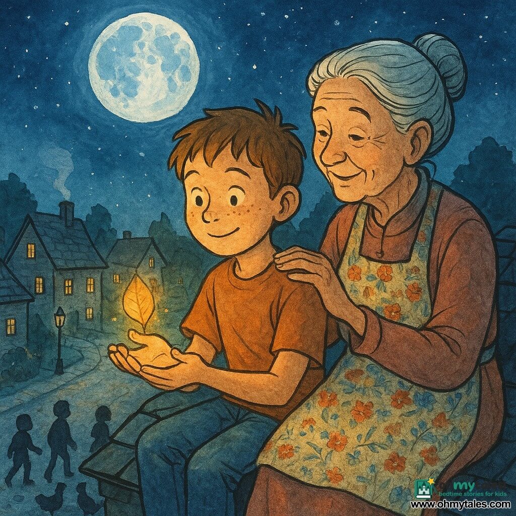 A 10-year-old boy, Milo, round face with freckles and short tousled brown hair, sits on a slate roof holding a small golden leaf while a warm floating cup of light (soft amber rays) hovers above his palm; an elderly woman (grandmother), about 70, gray hair in a bun, soft crow’s feet, smiling protectively with her hand on his shoulder and wearing a floral apron, sits beside him and looks at the light affectionately; in the background the village of Willowmere with stone houses, sloped roofs, a paved lane, a smoking chimney and wrought-iron lampposts under a large blue full moon and starry sky, with a few silhouettes of children and animals (chickens, cat) at the base of the roof; graphic feel: crisp black ink lines, blue and amber watercolor washes, visible paper texture, glittering reflections on the cup of light and long moonlit shadows; overall a calm, magical homecoming moment of tenderness and wonder, composition centered on the hands, golden leaf, and luminous cup.