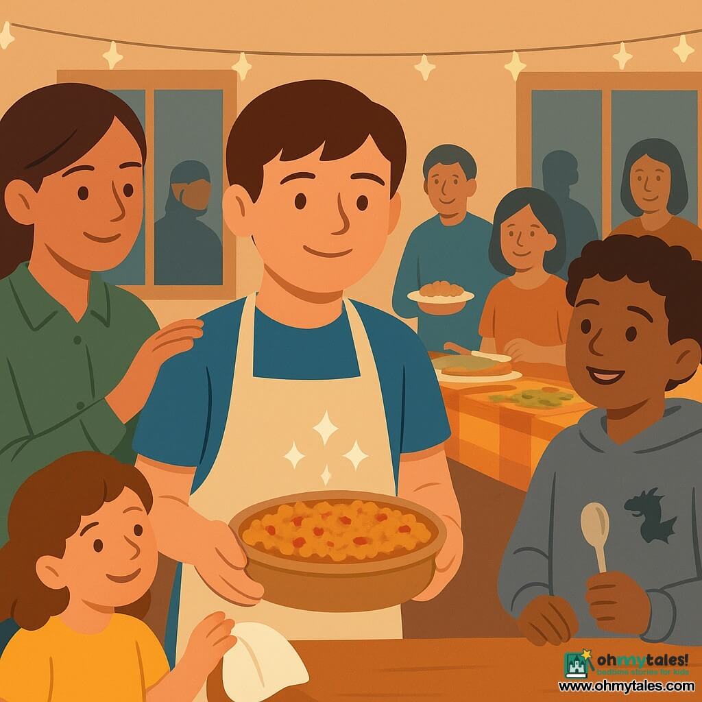 12-year-old boy, round face, short brown hair, blue t-shirt and light apron, proud gentle expression, holding a golden crumble with steam stars on the table in front of him; his 7-year-old sister, curly chestnut hair, yellow dress, smiling and offering a napkin, standing to his right; their mother, about 35, hair tied, green shirt, hand encouragingly on his shoulder to the left; friend Jayden, ~12, gray sweatshirt with a small dragon, grateful smile, holding a spoon slightly behind but looking at the boy; background neighbors as silhouettes around a long buffet table (man with glasses holding rice, smiling squint-eyed woman, child taking a cookie); indoor community hall with large evening-lit windows, star garland, long wooden table with colorful cloths and dishes; warm potluck moment focused on the boy and the crumble, warm colors and detailed textures.