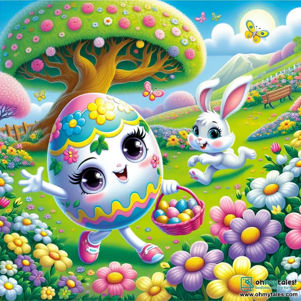 A colorful egg named Ellie, with a shiny shell in pastel shades of pink, yellow, and blue, is joyfully dancing in a flower-filled garden, her face radiating happiness. Next to her, Benny the rabbit, with his soft white fur, floppy ears, and sparkling eyes, is hopping excitedly while holding a small basket filled with chocolates and colorful eggs. The garden is a vibrant spring tableau, bursting with flowers of all colors, butterflies fluttering around them, and a majestic tree stands in the background, its branches laden with blossoms. In this scene, Ellie and Benny discover a hidden treasure under a flower bush, their faces lit up with the joy of adventure and friendship, ready to share their findings with their friends.