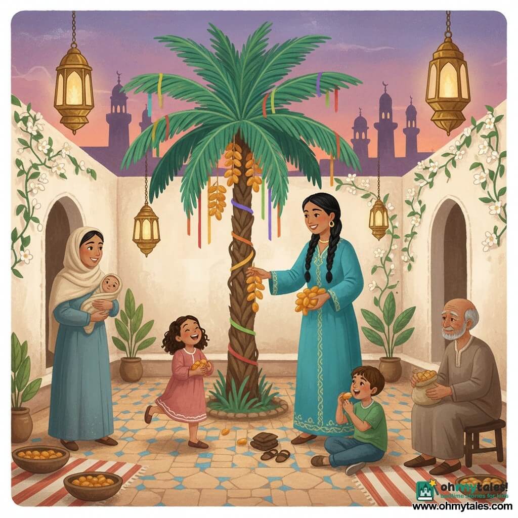 Layla, about 35, smiling and kind with braided black hair, wears a long turquoise dress with gold embroidery and offers a cluster of golden dates to children; an 8-year-old curly-haired girl in a dusty-pink dress laughs and skips by the palm trunk with hands full of fruit; a 6-year-old boy with short brown hair in a green T-shirt sits on the ground biting a date beside stacked sandals; a 28-year-old mother in a light beige headscarf holds a swaddled baby boy and looks gratefully at Layla; an elderly cobbler in his 60s with a dusty smock sits on a stool at the right, offering a small bag of bread in exchange. Setting: a small enclosed orphanage garden with ochre-and-blue mosaic floor, cream stucco walls, climbing white jasmine, brass lanterns, and a violet-orange twilight sky with minaret silhouettes. Main scene: a knotted-trunk palm with emerald fronds and jewel-like date clusters tied with colorful ribbons at the center, people sharing fruit in a warm, lively atmosphere with laughter, earthen bowls and striped cloths spread around. Style: saturated gouache with soft lines, visible paint texture, warm light, gentle contrasts, composition focused on the palm and expressive faces.