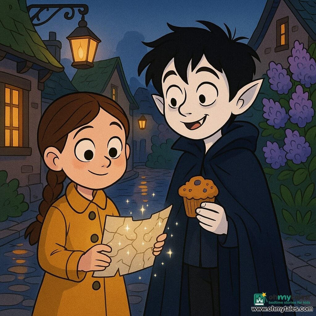 A curious eight-year-old girl with braided brown hair in a mustard coat and leather boots holds a shimmering paper card and smiles; a ten-year-old vampire boy, Vesper, with porcelain-pale skin, messy black hair and an oversized navy velvet cape, holding a blueberry muffin, looks amused; they stand close in a cobbled alley (girl left, Vesper right) as the glowing card casts a silver light and firefly-like sparks, announcing a joyful nocturnal adventure to moon berries amid a dusk village of mossy roofs, wet cobbles reflecting oil lamps, a blooming lilac bush behind Vesper and a gently swinging lantern.