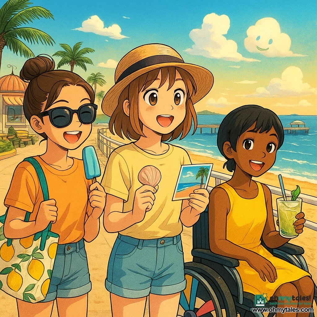 Three girls around 12: Maya — light chestnut mid-length hair, straw hat, shorts and light T-shirt, holding a pale pink shell in her right hand and a seaside postcard in her left, centered, gazing at the sea in wonder; Zoe — brown hair in a bun, oversized sunglasses, lemon-print tote on her left shoulder, holding a blue popsicle in her right hand, standing left of Maya with a playful confident pose; Leila — short black hair, bright yellow dress, seated in a modern wheelchair with colorful wheels, holding a mint lemonade glass with condensation, to Maya’s right, smiling and attentive. Setting: a golden-sand seaside promenade with a white-painted metal railing in the foreground, a donut kiosk and café with a striped awning, shaded benches beneath leaning palm trees, a small wooden pier and a distant ice-cream truck, blue sky with funny white clouds, late-afternoon golden light and sparkling reflections on the water. Main situation: the three friends are doing a phone-free summer challenge, laughing and watching the sea while holding challenge items (shell, postcard, lemonade, ice cream); warm, light atmosphere, joyful expressions, vivid colors and crisp textures (smooth shell, condensation on the glass, crumpled tote fabric).