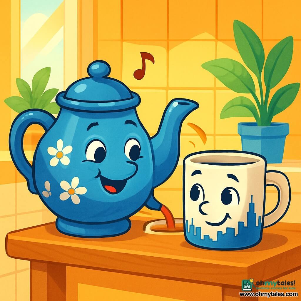 Tilly, an old blue ceramic teapot adorned with white flowers, stands on a wooden shelf, with a warm smile and sparkling eyes of joy. She is delicately pouring tea into a cup. Marco, an elegant coffee mug with a city skyline design, is right next to her. He looks curious and happy, with a slight smile on his face, admiring Tilly. The kitchen is bright and welcoming, with sunlight filtering through the window, illuminating the yellow walls and white tiles. Green plants are placed on the windowsill, adding a touch of nature indoors. The main scene shows Tilly and Marco sharing a moment of companionship, with Tilly singing a joyful melody while Marco listens attentively, both celebrating their friendship and differences in this warm and friendly atmosphere.