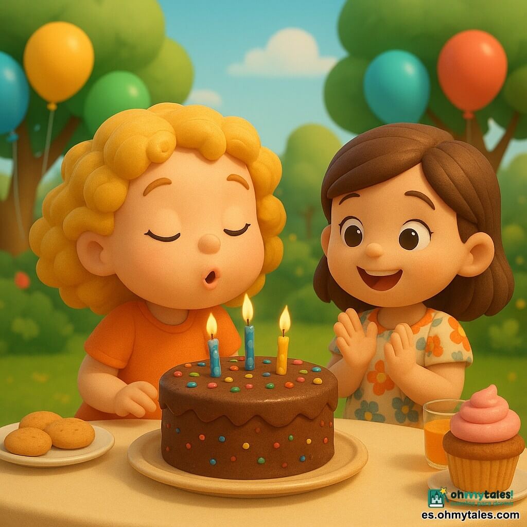 Una niña de 4 años con cabello rizado dorado, una gran sonrisa y ojos brillantes está soplando las velas de un pastel de chocolate con chispas de colores. A su lado, otra niña de 4 años, con cabello castaño y un vestido de flores, aplaude alegremente. Están en un jardín luminoso y colorido, decorado con globos multicolores colgados de los árboles. La mesa está cubierta de pasteles y jugos de frutas, creando un ambiente festivo y alegre.