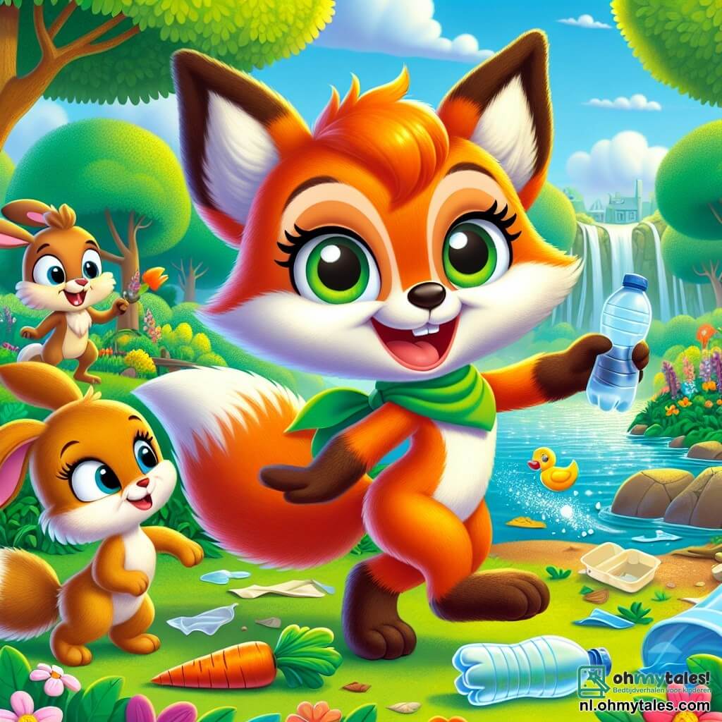 Vicky, een kleine vos met een feloranje vacht en een pluizige staart, staat vrolijk in het midden van de afbeelding met een grote glimlach op haar ondeugende gezicht. Ze draagt een groene sjaal om haar nek en houdt een plastic fles vast in haar voorpoten, klaar om deze in een recyclingbak te gooien. Aan haar rechterkant kijkt Benny, een schattig konijn met grote witte oren en sprankelende ogen, naar Vicky met bewondering, terwijl hij een wortel in zijn achterpoten vasthoudt, klaar om haar aan te moedigen. Aan de linkerkant klimt Lila, een schattige eekhoorn met een bruine vacht en een kleine pluizige staart, op een tak en kijkt enthousiast en nieuwsgierig naar de scène. De achtergrond is een groen park, vol kleurrijke bloemen, majestueuze bomen en een glinsterend wateroppervlak in de verte waar eenden vredig zwemmen. Hoewel er afval op de grond ligt, is de sfeer vol hoop en energie. De hoofdactie toont Vicky en haar vrienden die vastbesloten zijn om hun park schoon te maken, met stralende glimlachen op hun gezichten, wat hun inzet voor het beschermen van de natuur en het mooier maken van hun omgeving illustreert.