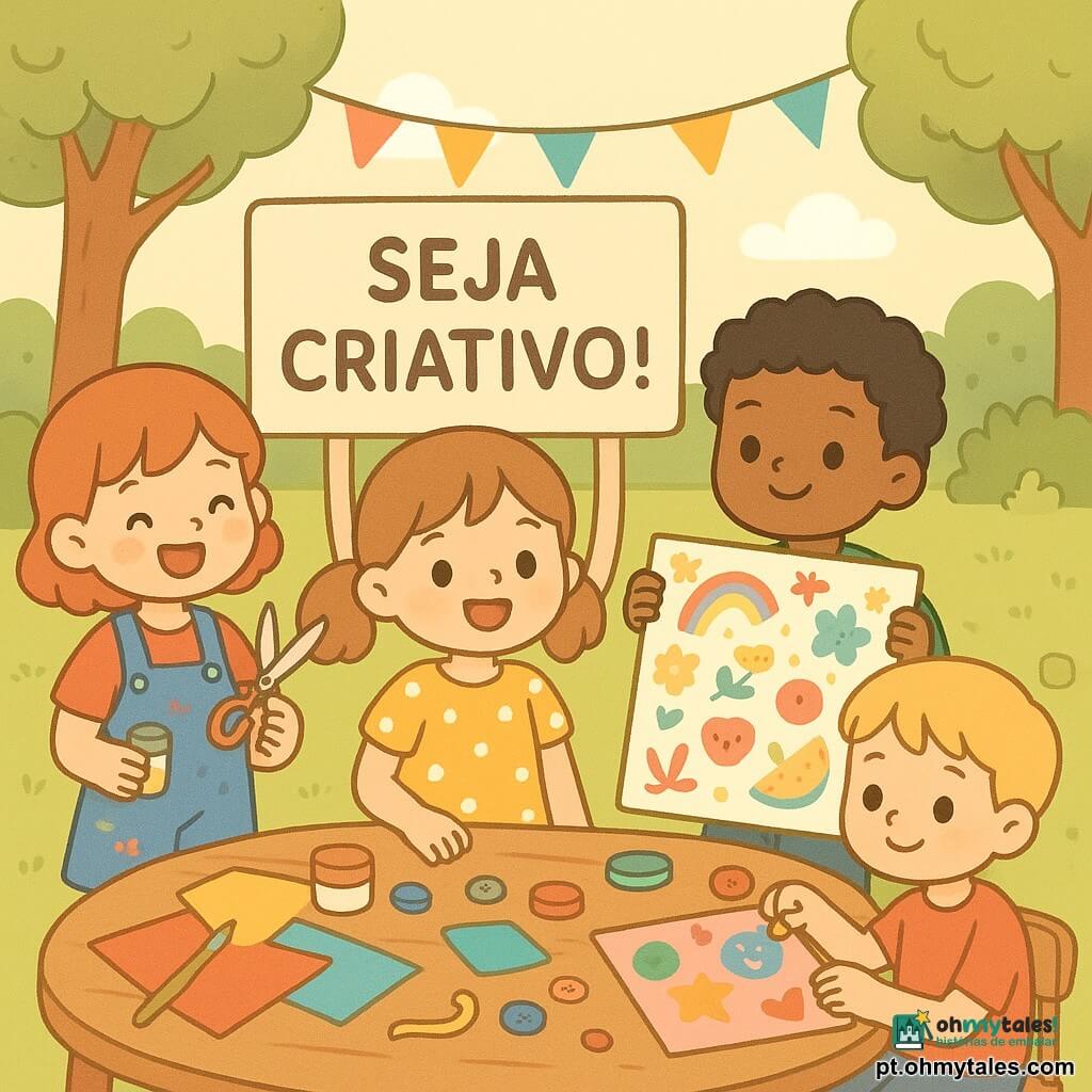 Quatro crianças num pequeno jardim ensolarado: Júlia, 9 anos, cabelo castanho claro em coques, vestido amarelo às bolinhas, sorridente à esquerda segurando um grande cartaz "Seja Criativo!"; Miguel, 10 anos, cabelo preto encaracolado, camisola verde, tímido mas radiante à direita mostrando orgulhosamente uma folha cheia de desenhos; Clara, 9 anos, cabelo ruivo curto, jardineira azul manchada de tinta, ajudando a colar lantejoulas; Leo, 8 anos, cabelo loiro curto, t‑shirt vermelha, sentado numa cadeira à direita a colar formas numa colagem com ar travesso. Mesa de madeira com tintas, papéis, botões e fitas, bandeirolas entre árvores, mesa de buffet com limonada e cupcakes; preparativos para uma exposição de arte de aniversário, ambiente alegre, cores vivas e luz dourada do fim da tarde.