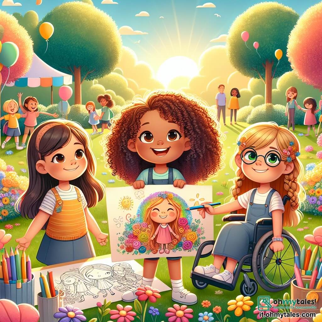 In un parco soleggiato, quattro ragazze di undici anni si tengono insieme, circondate da fiori colorati e alberi verdi. Sofia, con i capelli ricci e gli occhi brillanti, sorride gioiosamente mentre tiene un grande poster illustrato. Alla sua destra, Chiara, con i capelli lisci e castani, indossa occhiali e guarda attentamente il poster, esprimendo curiosità e riflessione. A sinistra di Sofia, Marta, con i capelli biondi e intrecciati, disegna con pastelli su un foglio, aggiungendo dettagli all'illustrazione del poster. Infine, Luna, con i capelli castani e ricci, è seduta sulla sua sedia a rotelle, sorridendo con orgoglio mentre mostra una foto delle sue opere d'arte. Il parco è pieno di risate di bambini, giochi e palloni colorati che fluttuano nel cielo blu. In lontananza, famiglie passeggiano, creando un'atmosfera gioiosa e accogliente. La scena principale mostra le quattro amiche che collaborano per creare un progetto sull'inclusione, evidenziando i loro talenti e la loro amicizia, simboleggiando la bellezza della diversità.