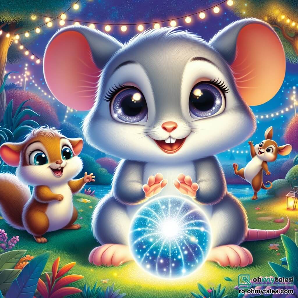 O mică șoarece pe nume Mica, cu blană gri moale și ochi mari strălucind de curiozitate, stă în centrul imaginii, zâmbind și uimită, ținând o minge magică strălucitoare în lăbuțele sale mici. La dreapta ei, Pufi, un iepure adorabil cu urechi mari și blană albă, sare de bucurie, cu ochii strălucind de entuziasm. La stânga, Cico, un tânăr veveriță cu blană brună, face o piruetă, cu un zâmbet mare pe față. În fundal, un parc de zoo colorat este luminat de ghirlande de lumini strălucitoare, cu copaci verzi și flori strălucitoare. Scena arată animalele jucându-se împreună cu mingea magică, creând o atmosferă veselă și prietenoasă sub un cer înstelat.