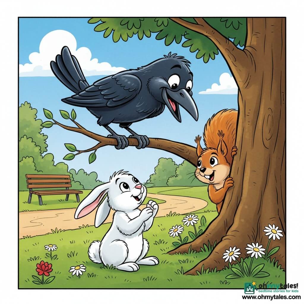 A shiny black crow with a rounded beak and mischievous, sparkling eyes perches on a low branch smiling down at a plush white rabbit with pink nose and long ears sitting at the tree base counting on its paws while a red squirrel with a bushy tail peeks from behind a large oak trunk, the sunny park with mown green grass, daisies and clover, a wooden bench and winding gravel path under a pale blue sky framing the playful hide-and-seek scene.