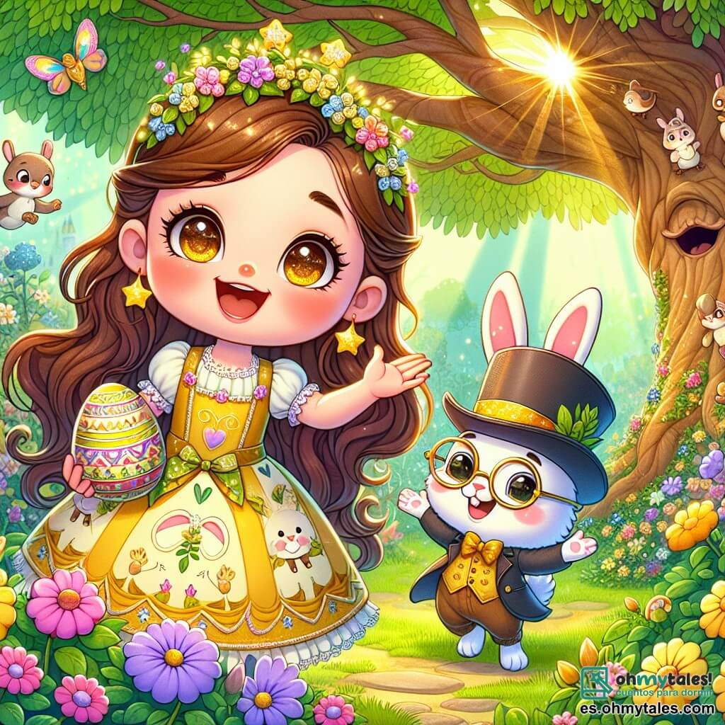 Una niña de 6 años, Clara, con largos cabellos castaños y ojos llenos de curiosidad, lleva un vestido amarillo decorado con dibujos de conejos. Sonríe alegremente, sosteniendo en sus manos un huevo de Pascua decorado con estrellas doradas, mientras se encuentra frente a un gran árbol majestuoso. A su lado, Don Conejo, un adorable conejo que habla, lleva gafas redondas y un sombrero de copa. Sonríe traviesamente, gesticulando con sus patas para mostrar el camino. El decorado es un jardín mágico, lleno de flores coloridas que bailan al ritmo de una suave brisa, con rayos de sol filtrándose a través de las hojas de los árboles. Aves de plumas brillantes vuelan alrededor, añadiendo un toque de magia a la atmósfera. La escena principal muestra a Clara descubriendo la puerta secreta del jardín encantado, llena de emoción y asombro, lista para entrar en un mundo fantástico lleno de aventuras de Pascua.