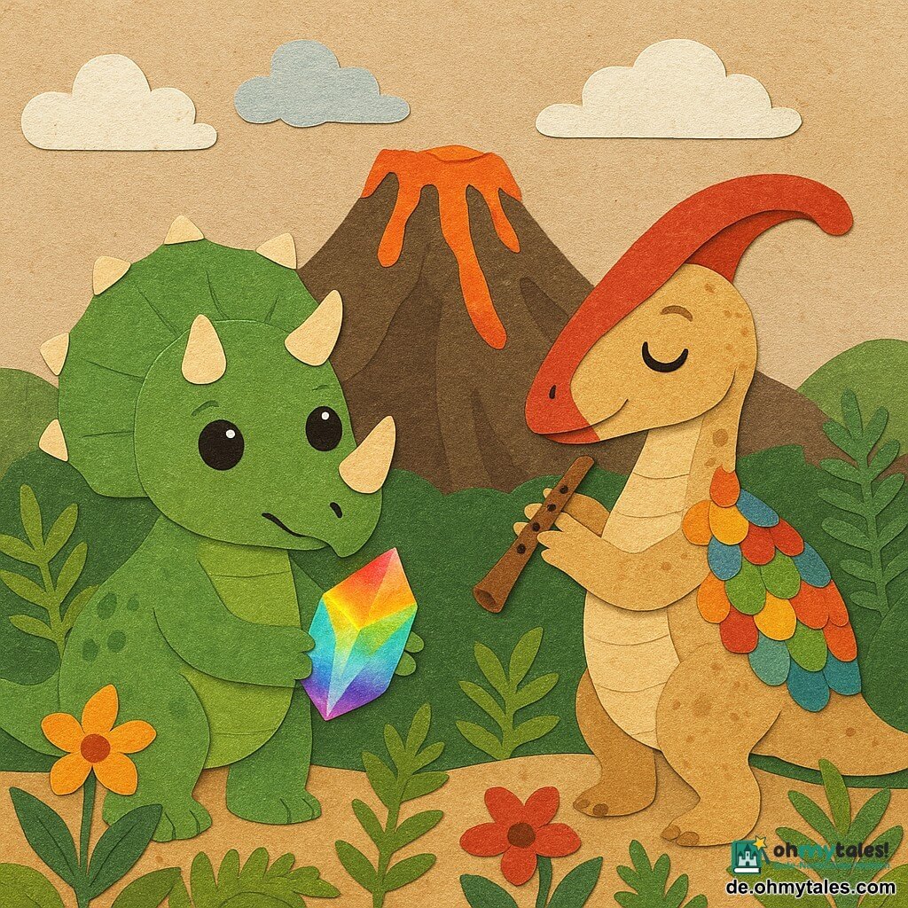 Ein junger Triceratops namens Trini mit grüner Haut und leuchtenden Augen zeigt einen Ausdruck von Mut und Neugier. Trini hält einen funkelnden Kristall in Regenbogenfarben in seinen Pfoten. Neben ihm spielt Lilo, ein kleiner Parasaurolophus mit bunten Schuppen, eine beruhigende Melodie auf seinem Kamm. Sie stehen am Rand eines imposanten Vulkans, dessen glühende Lava im Hintergrund sichtbar ist. Der Himmel ist klar, mit ein paar weißen Wolken, die sanft schweben. Der Boden ist mit exotischen Blumen und üppigen Farnen übersät, was eine geheimnisvolle und verzauberte Dschungelatmosphäre schafft.