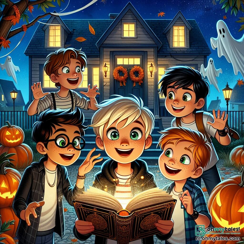 Op een sterrenachtige Halloween-nacht staan vier jongens op de drempel van een houten huis, versierd met oranje pompoenen en spinnenwebben. Max, een 10-jarig jongen met bruin haar en sprankelende ogen, houdt een oud magisch boek open, met een opgewonden gezicht. Links van hem kijkt Bram, een 9-jarig jongen met een bril en messy blond haar, nieuwsgierig naar het boek. Rechts van Max glimlacht Sam, een 10-jarig jongen met zwart haar en een lichte huid, terwijl hij wijst naar een pompoen die lijkt te dansen. Tenslotte staat Tim, een 11-jarig jongen met rood haar en sproeten, achter hen, lachend en zijn armen in de lucht stekend, verwonderd door de magie om hen heen. De locatie is een rustige straat, verlicht door de maan, waar de huizen versierd zijn met Halloween-decoraties: papieren spookjes, fonkelende lantaarns en herfstbladeren. De bomen wiegen zachtjes in de wind, wat een vleugje mysterie aan de sfeer toevoegt. De hoofdactie toont de jongens die een magische spreuk hardop voorlezen, omringd door pompoenen die tot leven lijken te komen, met glimlachende gezichten en sprankelende ogen, wat een vrolijke en betoverende sfeer creëert.