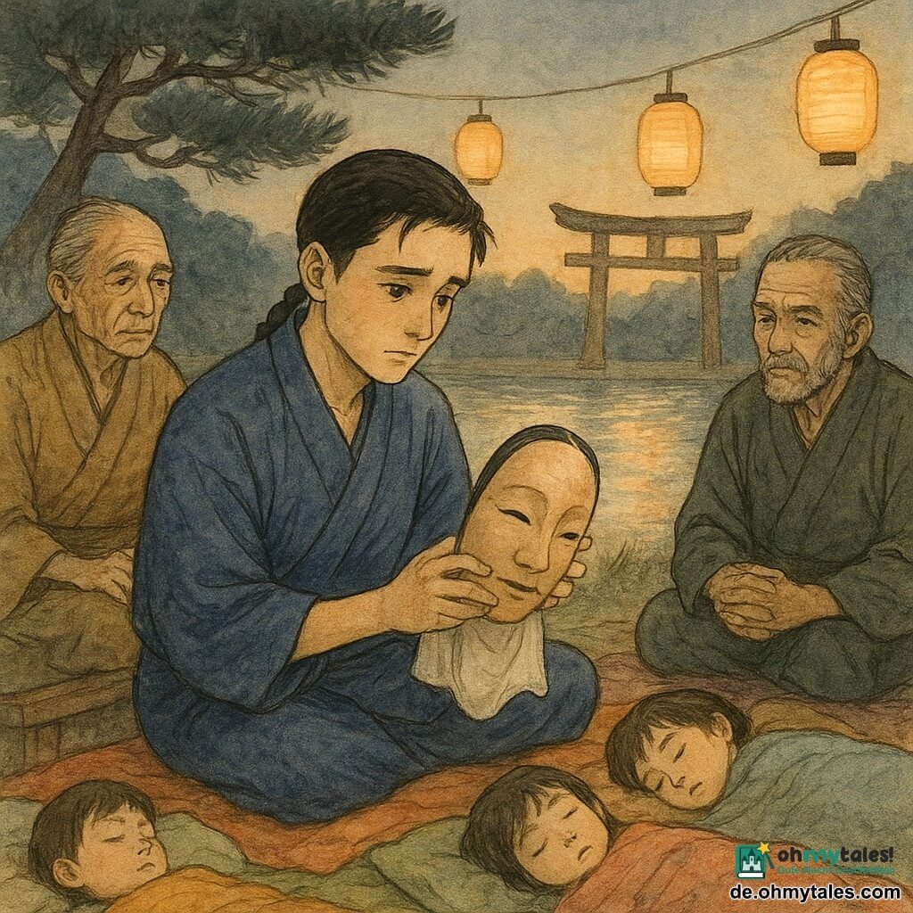 Ein junger Mann (Haru) mit sanftem, konzentriertem Gesicht, leicht besorgten aber entschlossenen Augen, kurzen geflochtenen schwarzen Haaren und einfachem indigo Kimono sitzt auf einer Decke neben einigen Laternen und hält behutsam eine polierte Holzmaske mit schmalen Augen und feinem Lächeln, als ob er sie anbietet oder schützt; links sitzt ein etwa 65‑jähriger Mann (Meister Jiro) mit faltiger Haut, zurückgekämmtem grauen Haar und abgenutztem braunem Kimono auf einer Holzbank, mit nostalgisch-zurückhaltendem Blick auf Haru; rechts sitzt ein etwa 68‑jähriger Mann (Meister Sato) mit müdem, aber entschiedenem Gesicht und leichter Bartstoppel in dunkelgrünem Kimono, leicht zu Jiro gewandt, die Hände auf den Knien, bereit zu sprechen; im Vordergrund dösen einige Kinder (Jungen und Mädchen, 6–10 Jahre) auf bunten Decken in einem Halbkreis; Schauplatz: Flussufer bei Dämmerung mit einer großen dunkelnadeligen Kiefer, einem hölzernen Torii im Hintergrund und hängenden Papierlaternen, die warmes, flackerndes Licht und orangefarbene Reflexe im Wasser werfen; Szene: eine versöhnliche Nachtwache unter Laternen, ruhig und zärtlich, Haru zeigt die Maske als geheimnisvollen, kostbaren Gegenstand, die beiden Meister beginnen, ihre Klage zu besänftigen; Komposition mittig auf Haru und der Maske, sanfte Kontraste zwischen feiner Tusche und warmen Aquarellwaschungen.