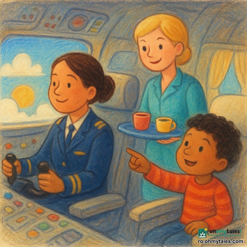 O pilotă zâmbitoare și senină, față rotundă, păr brun prins în coc, îmbrăcată într-un uniformă bleumarin cu epoleți aurii, ține volanul avionului și privește pe hublou spre nori; o însoțitoare de bord de circa 30 de ani, păr blond scurt, costum turcoaz, aduce o tavă cu băuturi pe culoar și stă lângă un scaun în spatele pilotoarei; un băiat de circa 6 ani, păr negru zburlit, pulover roșu cu dungi, stă la hublou și arată spre nori, la dreapta însoțitoarei; cabina și cockpitul sunt desenate cu linii moi, butoane colorate și afișaje luminate, perdele deschise și rânduri de scaune moi; afară, cerul are nori albi și raze de soare aurii care filtrează, reflexii calde pe viziere; scenă calmă, primitoare și protectoare, culori pastel saturate, textură vizibilă de creion pastel gros, perspectivă ușor în plongée pentru a-i vedea pe pilotă, însoțitoare și băiat împreună, compoziție centrată și lizibilă pentru un copil de 4 ani.