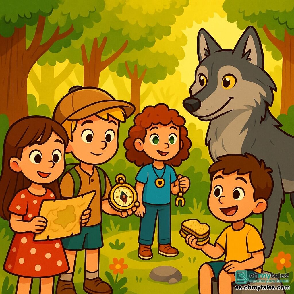 Hay 4 niños: Ana, una niña de 10 años con cabello largo y castaño, ojos brillantes, un vestido rojo con lunares blancos y un mapa antiguo en las manos; Tomás, un niño de 9 años con cabello corto y rubio, gorra de explorador, sosteniendo una brújula brillante al lado de Ana; Clara, una niña de 10 años con cabello rizado y curiosidad en sus ojos verdes, camiseta azul y un collar en forma de corazón, un poco apartada sosteniendo un amuleto de la suerte; y Lucas, un niño de 8 años con cabello castaño y una gran sonrisa, camiseta amarilla y un sándwich en la mano, sentado en una piedra listo para compartir su merienda. La escena se desarrolla en un claro encantado en medio de un bosque denso, rodeado de majestuosos árboles y flores coloridas, con una luz dorada filtrándose entre las ramas. Los niños se encuentran frente a un gran lobo de pelaje gris brillante y ojos amarillos, cuya expresión es amistosa, mostrando rostros determinados y curiosos, listos para descubrir quién es realmente este gran lobo.