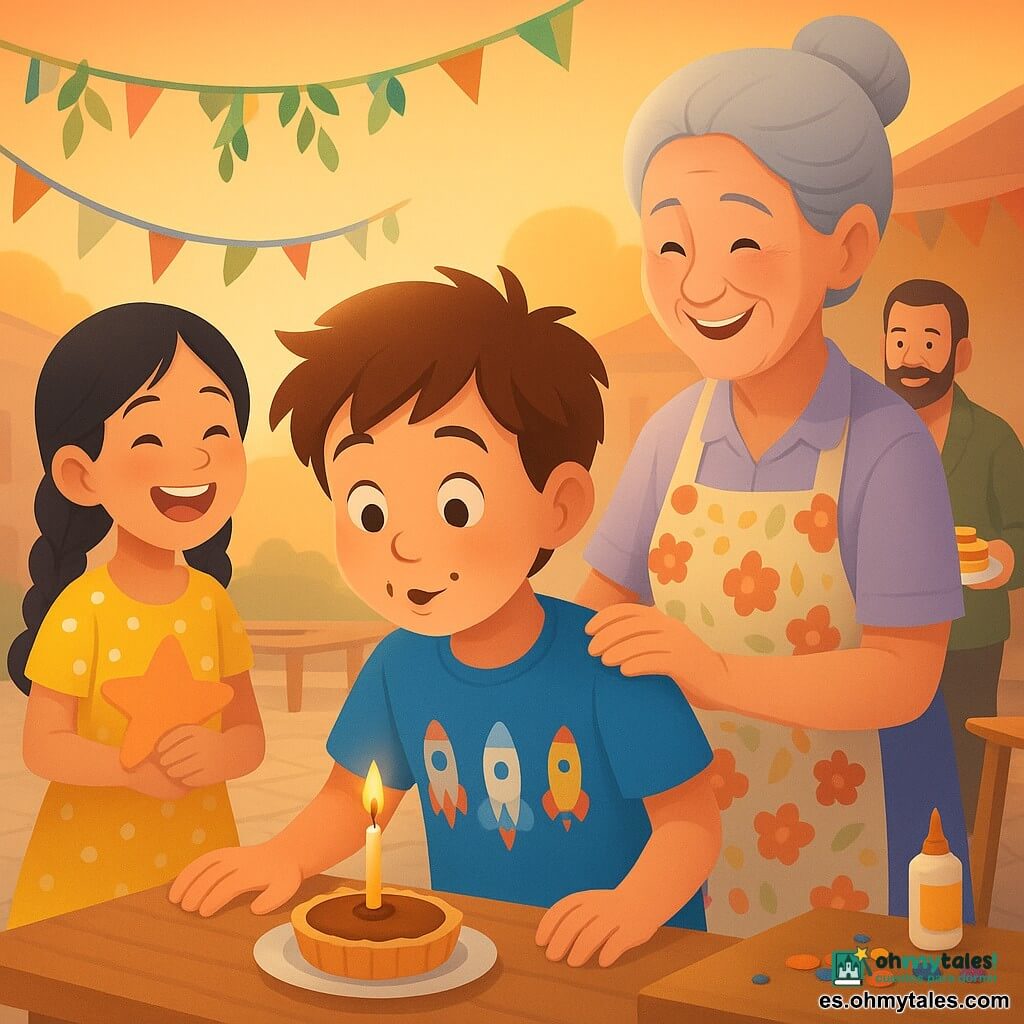 Un niño de 10 años de rostro redondo con manchas de chocolate en los dedos, sonriendo y asombrado, pelo castaño despeinado, lleva una camiseta azul con cohetes y sopla una vela sobre una mini tarta sobre una mesa de madera clara; a su lado, una abuela de unos 70 años de rostro arrugado y ojos risueños, pelo gris recogido en moño y delantal de flores, aplaude suavemente con la mano en su hombro; a la izquierda, Martina, niña de unos 9 años con trenza negra y vestido amarillo de lunares blancos, ríe y sostiene una estrella de tela; al fondo a la derecha, un vecino de unos 40 años con barba corta y chaqueta kaki sonríe sosteniendo un plato de panqueques; todo ocurre en un patio escolar convertido en fiesta al atardecer, pavimento claro, bancos de madera, guirnaldas de tela y hojas, banderolas coloridas y una mesa de manualidades hecha con una caja de reciclaje, ambiente cálido y artesanal con luz dorada y texturas de tela, papel reciclado y madera visibles.