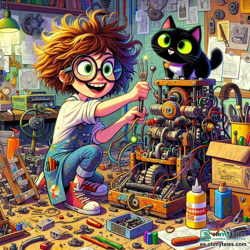Lucía, una joven con el cabello despeinado y gafas redondas, trabaja con entusiasmo en su taller. Su rostro está iluminado por una sonrisa alegre y sus ojos brillan de curiosidad. Lleva una bata manchada de pintura y pegamento, y está inclinada sobre una extraña máquina rodeada de piezas de todo tipo. A su lado, Tornillo, su gato negro de ojos verdes brillantes, observa intrigado desde una pila de libros, curioso y un poco desconfiado sobre lo que su dueña va a inventar esta vez. El taller es un lugar caótico, lleno de herramientas viejas, cajas de cartón, cables de colores y dibujos en las paredes. Luces parpadean en la máquina, que parece una mezcla de robot y caja de herramientas, con engranajes girando y botones de todos los colores. Lucía acaba de meter un plátano en la máquina y, con gran emoción, tira de la manivela. En una nube de humo multicolor, aparece un zapato que hace sonidos de trompeta, y ella estalla en risas, con los ojos brillantes de sorpresa y alegría.