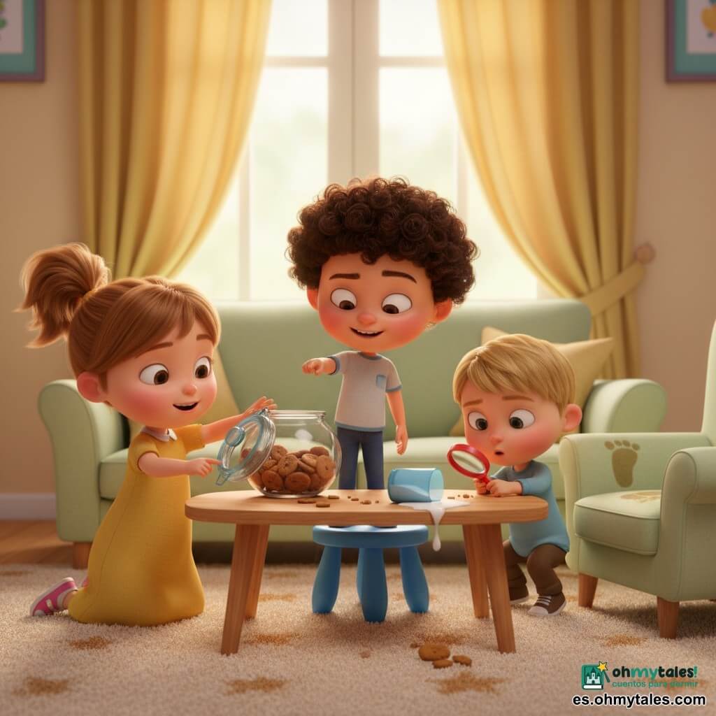 Hay tres niños de 3 años: Lola (izquierda, coletas, ojos redondos, arrodillada ante una pequeña mesa, alcanza una caja de galletas abierta), Tomás (centro, rizos negros, sonriente, de pie en un taburete azul, señala migas en el suelo) y Nico (derecha, cabello rubio corto, agachado junto a una silla con una lupa roja de plástico). En un salón luminoso y acogedor con alfombra cremosa de estrellas, mesa baja de madera clara, ventana con cortinas amarillas y un sofá verde pálido; hay una caja de galletas abierta y un vaso de leche azul volcados. Los tres pequeños detectives investigan migas brillantes en la alfombra, una mancha de leche y una huella pegajosa en la silla; ambiente alegre y colores pasteles.
