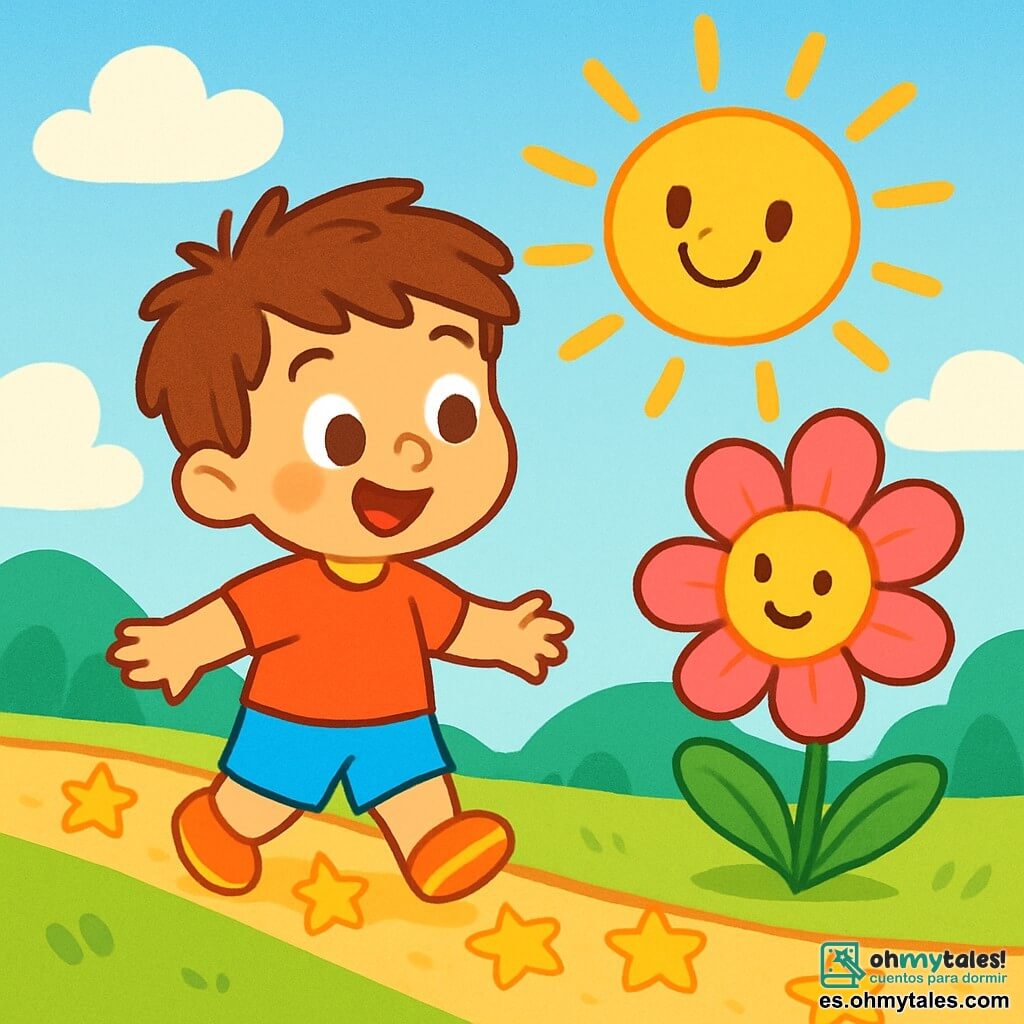 Un niño de 2 años, Lucas, con cabello castaño desordenado y ojos llenos de curiosidad, camina por un camino de pequeñas estrellas brillantes. Tiene una sonrisa radiante y sus mejillas están sonrojadas de emoción. A su lado, una flor colorida, que danza al viento, con pétalos rosas y amarillos, parece invitarlo a bailar. Un sol sonriente, con un rostro alegre y rayos dorados, brilla arriba, esparciendo una luz cálida sobre la escena. El lugar es un paisaje encantador, lleno de suaves colinas verdes, nubes esponjosas y un cielo azul brillante. La situación principal muestra a Lucas, maravillado, deteniéndose para escuchar la flor que danza y el sol que brilla, descubriendo la magia de la naturaleza que lo rodea.