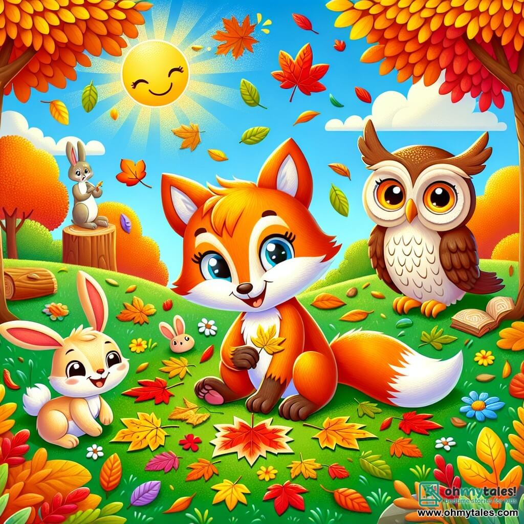 An illustration depicts a joyful fox with bright orange fur and round, curious eyes. It sits on the grass, surrounded by colorful autumn leaves, smiling as it gathers leaves to create a piece of art. Nearby, a small rabbit with large ears and soft white fur watches the fox enthusiastically, holding a star-shaped yellow leaf. A wise owl perched on a tree branch observes the scene with admiration. The setting is a sunny garden filled with trees displaying vibrant red, yellow, and orange leaves, with a colorful carpet of fallen leaves beneath the golden rays of the sun. The main scene shows the fox and rabbit happily collaborating on an autumn collage, surrounded by their animal friends, sharing laughter and stories while celebrating the season's beauty. Additional elements include scattered autumn leaves, a clear blue sky with white clouds, and an overall sense of joy and friendship.