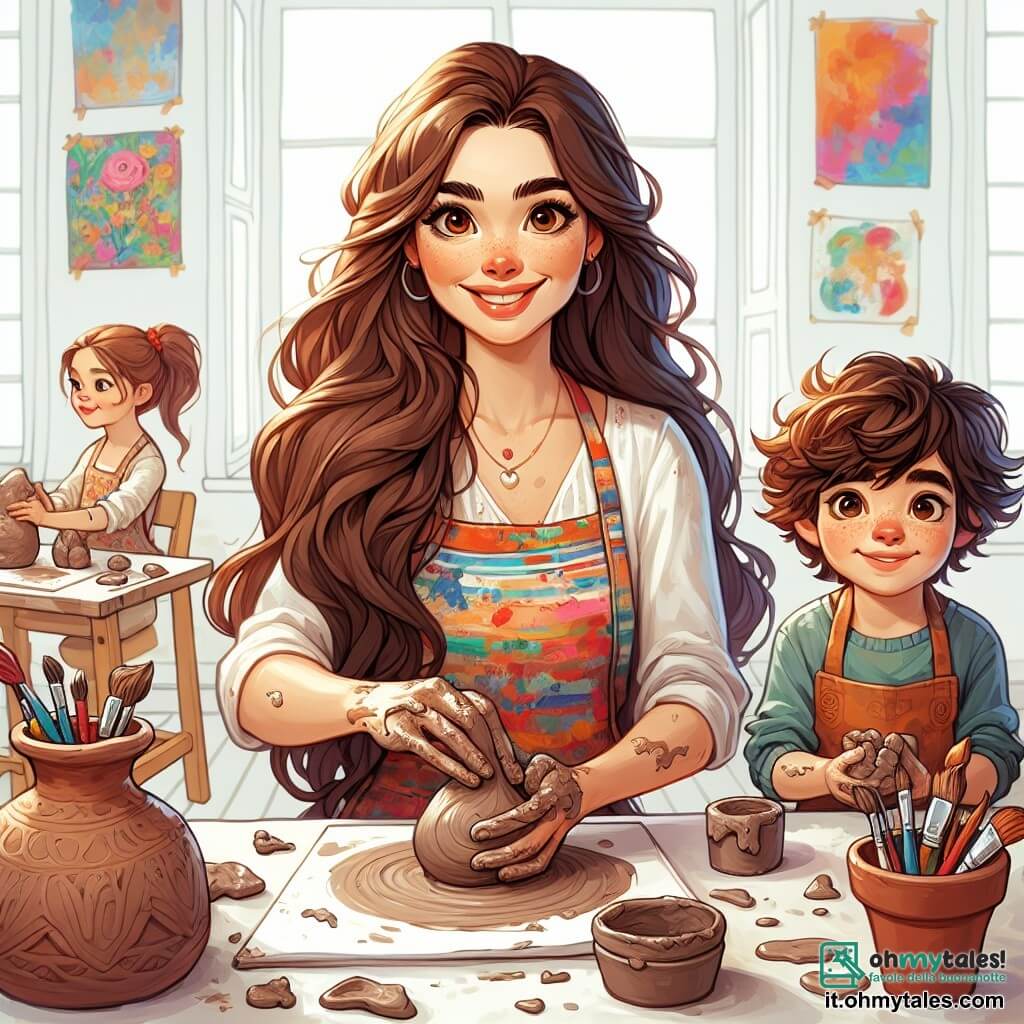 Marta, una donna sui trent'anni, è al centro dell'immagine, con lunghi capelli castani ondulati e un sorriso caloroso. Indossa un grembiule colorato, macchiato di vernice e argilla, e le sue mani sono coperte di tracce d'argilla. Sta modellando una piccola scultura, concentrata e felice, con occhi scintillanti di entusiasmo. Accanto a lei, Giacomo, un ragazzo di 8 anni con capelli ricci e occhi curiosi, osserva attentamente. Tiene un pezzo di argilla nelle sue piccole mani, pronto a creare la sua scultura. Un po' più in là, Sofia, una bambina di 7 anni con due grandi trecce, è seduta per terra, circondata dalle sue creazioni, con un sorriso orgoglioso. La scena si svolge in uno studio luminoso, pieno di grandi finestre che lasciano entrare la luce del sole. Tele colorate e sculture in argilla sono sparse intorno, creando un'atmosfera calda e ispiratrice, con barattoli di vernice e pennelli sparsi sui tavoli. Marta e i bambini sono immersi in un momento di creatività, esprimendo la loro immaginazione attraverso l'argilla, condividendo risate e idee, mentre l'atmosfera è piena di gioia ed eccitazione artistica.