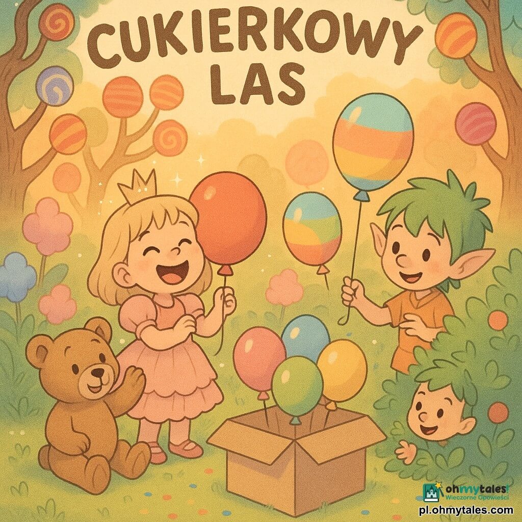 Księżniczka Ania, około 6 lat, z szerokim uśmiechem, w różowej falbaniastej sukience i małą błyszczącą koroną, trzyma duży czerwony balon; Tof, miś pluszowy o brązowym futerku i czarnych oczach, siedzi obok i podnosi łapę w geście radości; Frutek, mały elf około 5 lat z zielonymi włosami i pomarańczową tuniką, poda jej wielobarwny balon zza krzewów; W Cukierkowym Lesie drzewa o skręconych pniach i liściach jak lizaki, kwiaty jak różowo-niebieska wata cukrowa, polana trawy posypana konfetti i ciepłe światło zachodu słońca; scena: trójka przyjaciół znajduje na środku polany dużą otwartą skrzynię pełną unoszących się kolorowych balonów, atmosfera świąteczna, dzielenie się i śmiech, kompozycja czytelna dla maluchów.