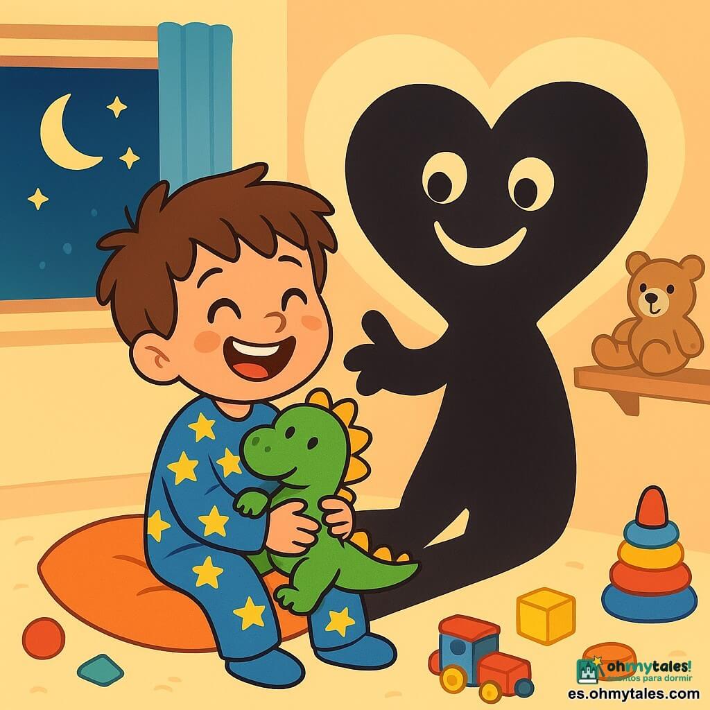 Un niño de 4 años, Tomás, con el cabello castaño desordenado y ojos brillantes, está sentado en un cojín suave en un rincón de su habitación. Lleva un pijama azul con estrellas amarillas y sonríe alegremente, abrazando un peluche en forma de dragón. A su lado, su sombra, una silueta negra y divertida, toma la forma de un gran corazón en la pared, con ojos redondos y una sonrisa traviesa. La habitación es luminosa, con paredes pintadas en tonos pastel, juguetes coloridos esparcidos por el suelo y una ventana abierta que deja entrar la suave luz de la luna. En esta escena, Tomás y su sombra ríen juntos, aprendiendo a respetar a los demás mientras juegan, creando una atmósfera mágica y alegre.