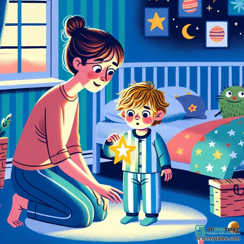 Een jongetje van 2 jaar, genaamd Lars, staat in zijn kamer met een bezorgde maar nieuwsgierige uitdrukking. Hij heeft rommelig blond haar, heldere blauwe ogen en draagt een gestreepyjama in blauw en wit. Hij kijkt naar een kleine sterrenlamp die de kamer zachtjes verlicht en zijn gezicht een warme gloed geeft. Naast hem knielt zijn moeder, een vrouw van in de dertig met bruin haar in een knot en een geruststellende glimlach, om op zijn hoogte te zijn. Ze draagt een kleurrijke t-shirt en comfortabele broek en houdt zijn hand vast om hem moed te geven. De kamer is versierd met pastelblauwe muren, posters van planeten en sterren, en speelgoed dat op de vloer ligt. In een hoek staat een groot bed met een zachte dekbed en kleurrijke kussens, en een raam laat het maanlicht binnen. In deze scène ontdekt Lars, die een beetje nerveus is, zijn nieuwe lamp die zachtjes straalt in de duisternis, terwijl zijn moeder hem uitlegt dat het donker rustgevend kan zijn en dat hij niet alleen is.