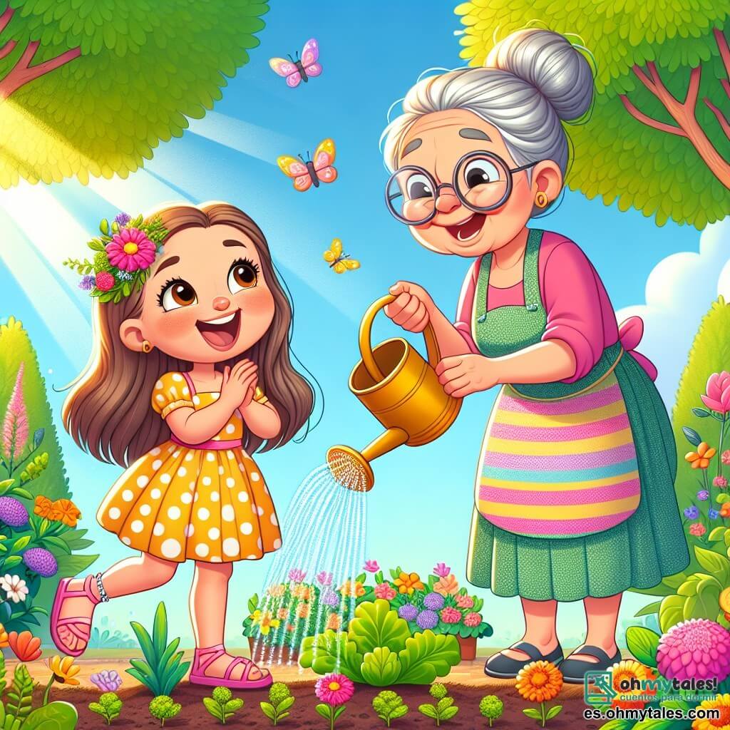 Una niña de 4 años, con largos cabellos castaños y ojos llenos de curiosidad, riega flores en un jardín soleado. Lleva un vestido amarillo con lunares y sandalias rosas, mostrando una gran sonrisa. A su lado, una mujer de unos 60 años, la abuela Rosa, con cabello gris recogido y gafas redondas, le enseña a la niña cómo regar las plantas. La abuela, vestida con un delantal colorido, está cerca de un huerto lleno de verduras. El jardín es exuberante, lleno de flores de colores vivos, verduras verdes y mariposas volando. Al fondo, árboles majestuosos ofrecen una sombra suave, mientras un cielo azul claro ilumina la escena. La niña y la abuela comparten un momento de felicidad, riendo juntas mientras cuidan las plantas, creando una atmósfera alegre y cálida.