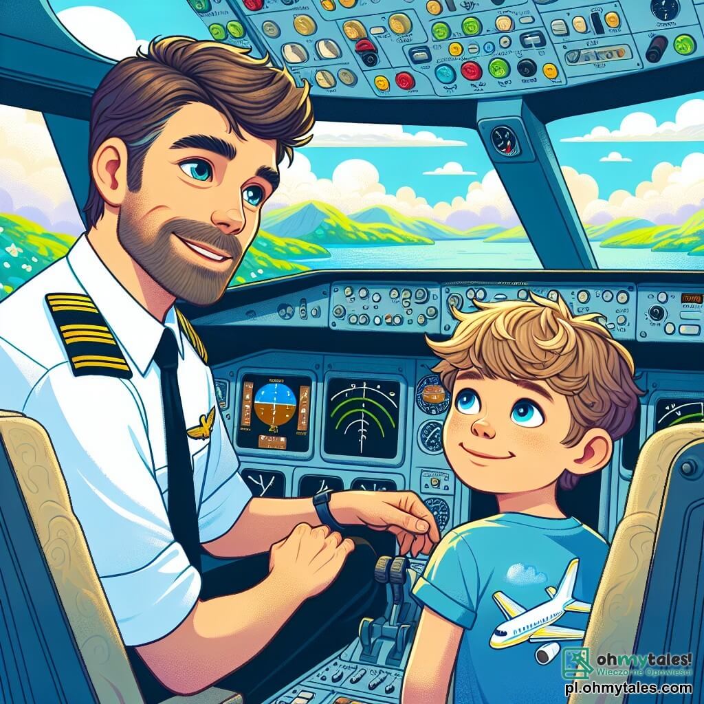 Mężczyzna, pilot, siedzi w kokpicie dużego samolotu. Ma brązowe włosy, starannie przystrzyżoną brodę i nosi strój pilota z czapką. Jego twarz promienieje dumą i entuzjazmem, gdy patrzy przez okno, obserwując białe, puszyste chmury poniżej. Obok niego siedzi mały chłopiec imieniem Franek, około 8-letni, z rozczochranymi blond włosami i niebieską koszulką z rysunkiem samolotu. Patrzy na pilota z szeroko otwartymi oczami, pełen podziwu i ciekawości. Kokpit jest wypełniony kolorowymi przyciskami i świecącymi instrumentami. Na zewnątrz niebo jest jasnoniebieskie, usiane łagodnymi chmurami, a w oddali widać zielone góry. Główna scena pokazuje pilota wyjaśniającego Frankowi, jak ważne jest sprawdzenie instrumentów przed startem, dzieląc się fascynującymi historiami o swoich przygodach w powietrzu.